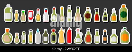 Illustration kit varied glass bottles filled liquid sauce guacamole, bottles consisting from guacamole sauce, empty labels for titles, sauce guacamole Stock Vector