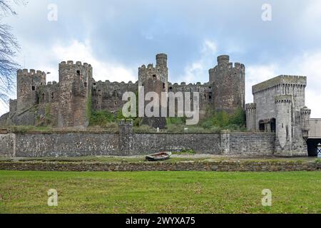 Castle, fishing boat, Conwy, Wales, Great Britain Stock Photo