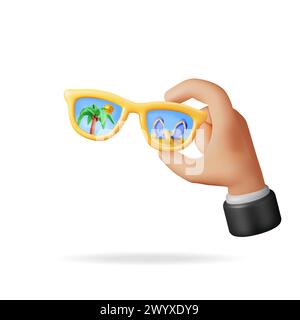 3D Sunglasses with Palm Trees and Beach in Hand. Stock Vector