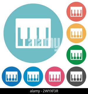 Piano keyboard solid flat white icons on round color backgrounds Stock Vector
