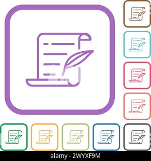 Parchment feather pen outline simple icons in color rounded square frames on white background Stock Vector