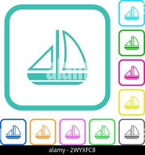 Sailing boat outline vivid colored flat icons in curved borders on white background Stock Vector