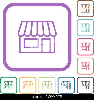 Store front outline simple icons in color rounded square frames on white background Stock Vector