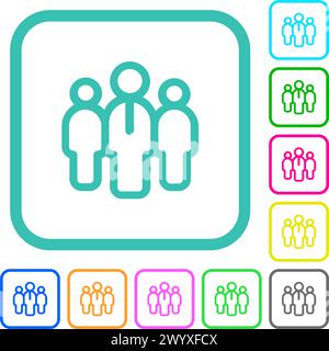 Team outline vivid colored flat icons in curved borders on white background Stock Vector