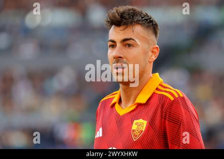 Stephan El Shaarawy of Roma looks on  during Serie A soccer match AS Roma -  SS Lazio Stadio Olimpico  on April 6, 2024 in Rome , Italy. Stock Photo