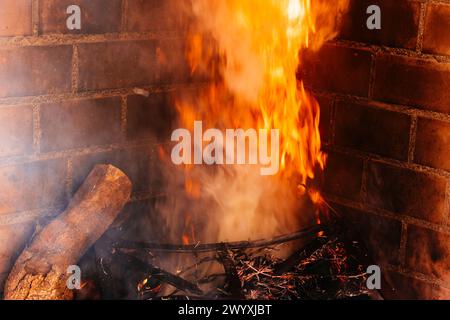 Logs burning in the fireplace. Jaén, Andalucía, Spain, Europe Stock Photo