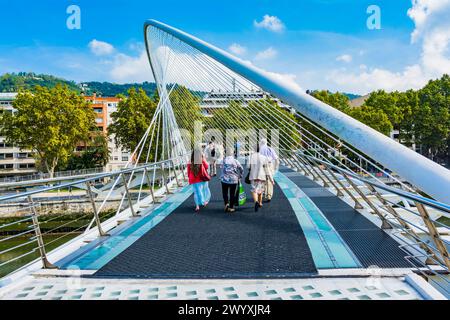 The Zubizuri, also called the Campo Volantin Bridge or Puente del Campo Volantin, is a tied arch footbridge across the Nervion River. Designed by arch Stock Photo