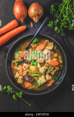 Homemade meat and vegetable stew or soup with mushrooms Stock Photo