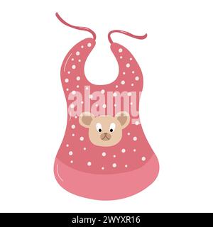 Vector illustration of a pink polka dot bib for a baby with a bear face. Stock Vector