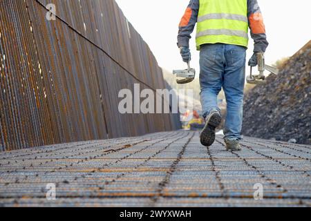 Reinforcing steel bars for concrete formwork, Construction of footings, Foundation of false tunnel, Works of the new railway platform in the Basque Country, High-speed train ´Basque Y´ Legorreta, Ikaztegieta, Gipuzkoa, Basque Country, Spain. Stock Photo