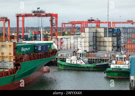 Container ship, portainer, containers, towboats, Port, Dublin, Republic ...