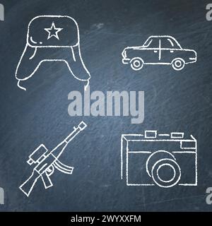 USSR symbols chalkboard icon set. Ushanka hat, Soviet camera, Volga car and Kalashnikov rifle. Vector illustration. Stock Vector