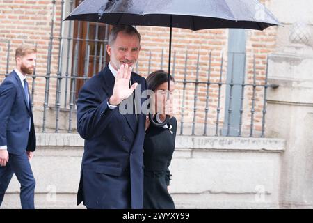 King Felipe VI of Spain and Queen Letizia of Spain leave the Mass Tribute for Fernando Gómez-Acebo on April 08, 2024 in Madrid, Spain. Stock Photo