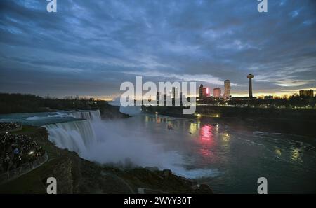 At eclipse totality, the Falls and City of Niagara Falls is plunged into darkness as a total solar eclipse occurs over the Niagara Falls State Park, New York on Monday, April 8, 2024. Photo by Joe Marino/UPI Credit: UPI/Alamy Live News Stock Photo