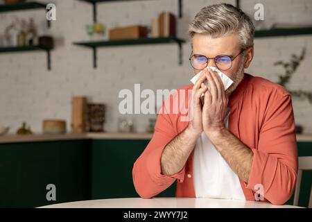 Sick middle aged grey haired man with fever and runny nose using handkerchief Stock Photo