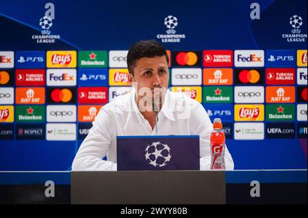 Madrid, Madrid, Spain. 8th Apr, 2024. Rodrigo Hernandez Cascante (Rodri) of Manchester City during the press conference a day before the quarter-final first leg football match of Champions League against Real Madrid at Santiago Bernabeu stadium in Madrid. (Credit Image: © Alberto Gardin/ZUMA Press Wire) EDITORIAL USAGE ONLY! Not for Commercial USAGE! Stock Photo