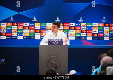 Madrid, Madrid, Spain. 8th Apr, 2024. Rodrigo Hernandez Cascante (Rodri) of Manchester City during the press conference a day before the quarter-final first leg football match of Champions League against Real Madrid at Santiago Bernabeu stadium in Madrid. (Credit Image: © Alberto Gardin/ZUMA Press Wire) EDITORIAL USAGE ONLY! Not for Commercial USAGE! Stock Photo