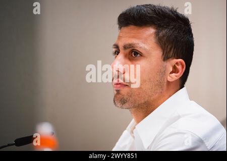 Madrid, Madrid, Spain. 8th Apr, 2024. Rodrigo Hernandez Cascante (Rodri) of Manchester City during the press conference a day before the quarter-final first leg football match of Champions League against Real Madrid at Santiago Bernabeu stadium in Madrid. (Credit Image: © Alberto Gardin/ZUMA Press Wire) EDITORIAL USAGE ONLY! Not for Commercial USAGE! Stock Photo