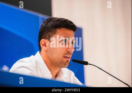 Madrid, Madrid, Spain. 8th Apr, 2024. Rodrigo Hernandez Cascante (Rodri) of Manchester City during the press conference a day before the quarter-final first leg football match of Champions League against Real Madrid at Santiago Bernabeu stadium in Madrid. (Credit Image: © Alberto Gardin/ZUMA Press Wire) EDITORIAL USAGE ONLY! Not for Commercial USAGE! Stock Photo