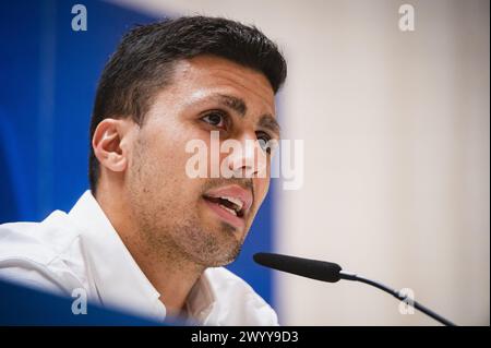 Madrid, Spain. 08th Apr, 2024. Rodrigo Hernandez Cascante (Rodri) of Manchester City during the press conference a day before the quarter-final first leg football match of Champions League against Real Madrid at Santiago Bernabeu stadium in Madrid. Credit: Independent Photo Agency/Alamy Live News Stock Photo