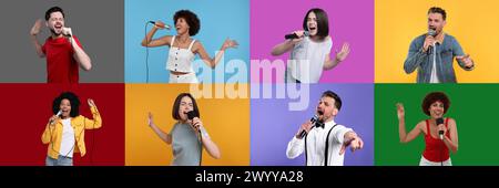 Singers on different color backgrounds, collection of photos Stock Photo