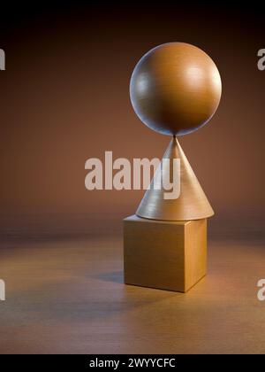 Sphere, cube and cone lit by a warm light, with copy space available. Digital illustration, 3D render. Stock Photo