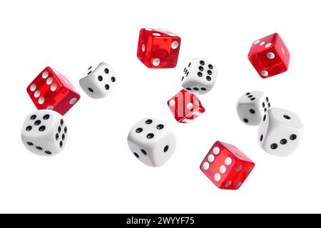 Many different dice in air on white background Stock Photo