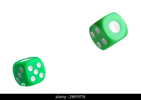 Two green dice in air on white background Stock Photo