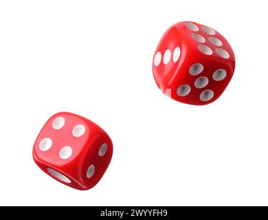 Two red dice in air on white background Stock Photo