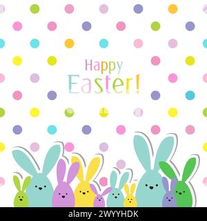 Celebration Greeting Easter card, colorful easter bunny family on polka dot background Stock Vector