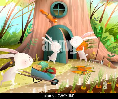 Rabbit or Bunny Family Working in Vegetable Garden Stock Vector