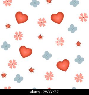 Seamless vector pattern with primitive naive art flowers and hearts on white background Stock Vector