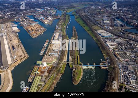 Aerial view, Duisport - Duisburger Hafen, Ruhrschleuse and Ruhrwehr Duisburg, Ruhrort, Duisburg, Ruhr area, North Rhine-Westphalia, Germany, Duisburg- Stock Photo