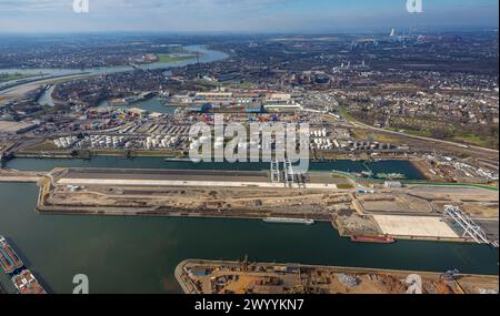 Aerial view, Duisport - Duisburger Hafen, Port area with oil island and coal island, Ruhrort, Duisburg, Ruhr area, North Rhine-Westphalia, Germany, Du Stock Photo