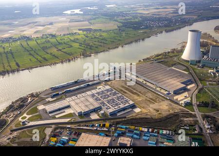 Aerial view, logport VI construction site with new building, logistics company DSV Halle and STEAG Walsum cogeneration plant in Alt-Walsum on the Rhin Stock Photo