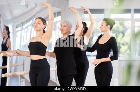 Women maintaining third ballet position at rehearsal with female instructor Stock Photo