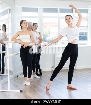 Visitors to choreographic class, observe professional rendering of dance elements performances couch Stock Photo