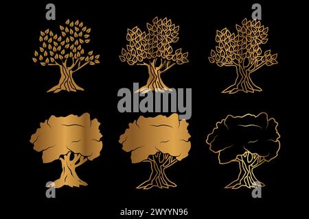 Gold Old Olive Tree Set Collection Stock Vector