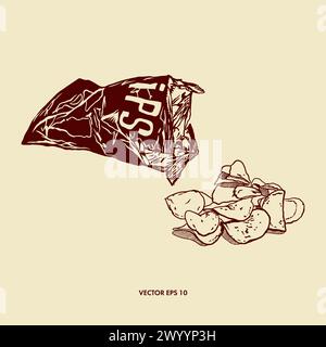 Potato chips, loose pieces, bag of snacks. Hand drawn vector illustration in graphic style. Design of menus, wine and beer cards, labels, banners, lea Stock Vector