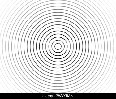 Concentric circles background with fading effect. Ripples, radiation, sun burst, radio signal, target, sonar wave wallpaper. Simple black and white illustration with hypnotic visual effect. Stock Vector