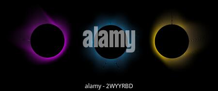 Set of blurry round frames. Circle shapes with pink, blue and yellow neon soft gradient borders isolated on dark background. Abstract design elements with empty space. Vector illustration. Stock Vector