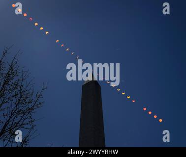 Washington, United States Of America. 08th Apr, 2024. Washington, United States of America. 08 April, 2024. A composite image showing the progression of a partial solar eclipse over the Washington Monument, April 8, 2024, in Washington, DC. A total solar eclipse swept across a narrow portion of the North American continent from Mexico to the Atlantic coast of Newfoundland, Canada. Credit: Bill Ingalls/NASA/Alamy Live News Stock Photo