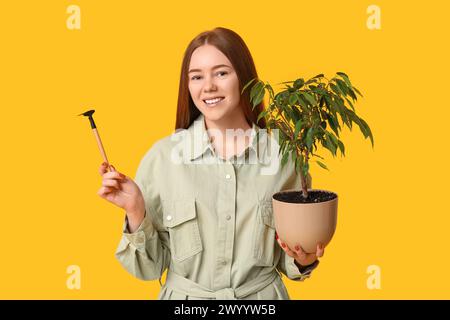 Pretty young woman with houseplant and gardening tool on yellow background Stock Photo