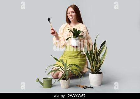 Pretty young woman with houseplants and gardening tools on grey background Stock Photo