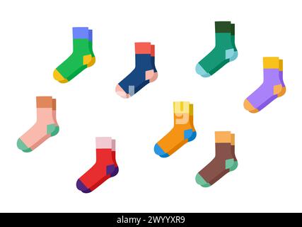 Set of trendy color socks hosiery high ankle length. Fashion accessory clothing technical illustration stocking. Vector, side view for Men, women, unisex style, flat sketch outline isolated on white Stock Vector