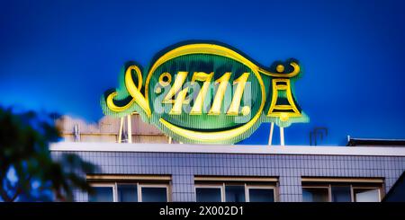 cologne, german july 14 2023: illuminated logo of 4711 the most famous perfume manufacturer of eau de cologne on the former production site in cologne Stock Photo