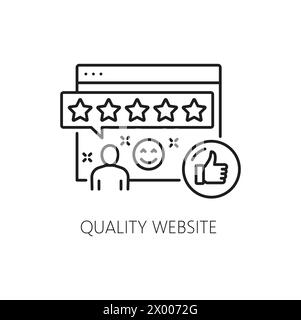 Quality website SEM, search engine marketing vector icon of web page or site with ranking stars. Customer review, client loyalty program, satisfaction feedback and thumb up thin line signs Stock Vector