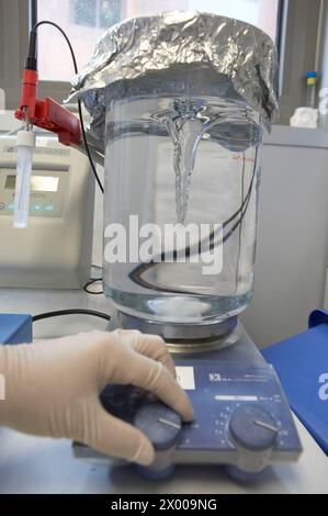 Equipment for medium preparation. Magnetic stirrer with heater. Laboratory, Fundación Inbiomed, Genetrix Group. Center for research in stem cells and regenerative medicine. Donostia, San Sebastian, Euskadi. Spain. Stock Photo