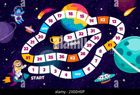 Kids board step by step game. Flying saucer in galaxy space. Vector maze, navigate galactic adventure, roll dice, move through planets, complete exploration challenge to reach the cosmic finish line Stock Vector