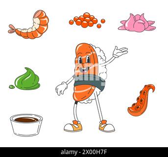 Retro Cartoon Groovy Japanese Sushi Character. Isolated Vector Cheerful 